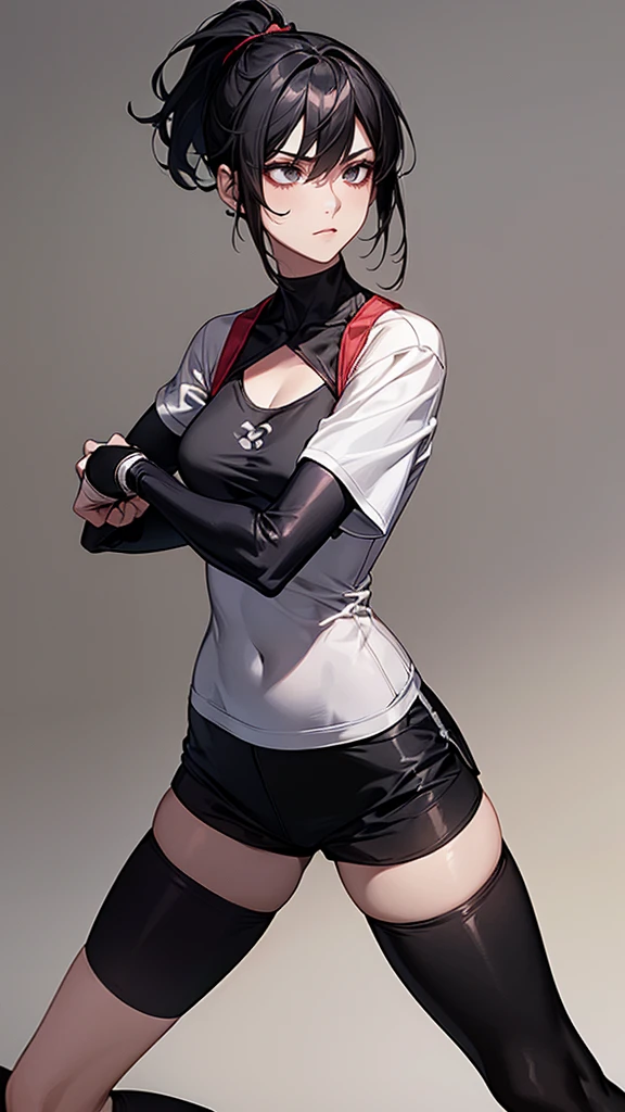 ((Highest quality)), ((masterpiece)), (detailed) {{{Slender female martial arts instructor}}} {{Décolletage}} Short sleeve T-shirt Woman ((Combat Stance)) Long fingerless gloves Black tights {{dojo}} Black Hair ponytail ((Leggings with integrated shorts)) clavicle