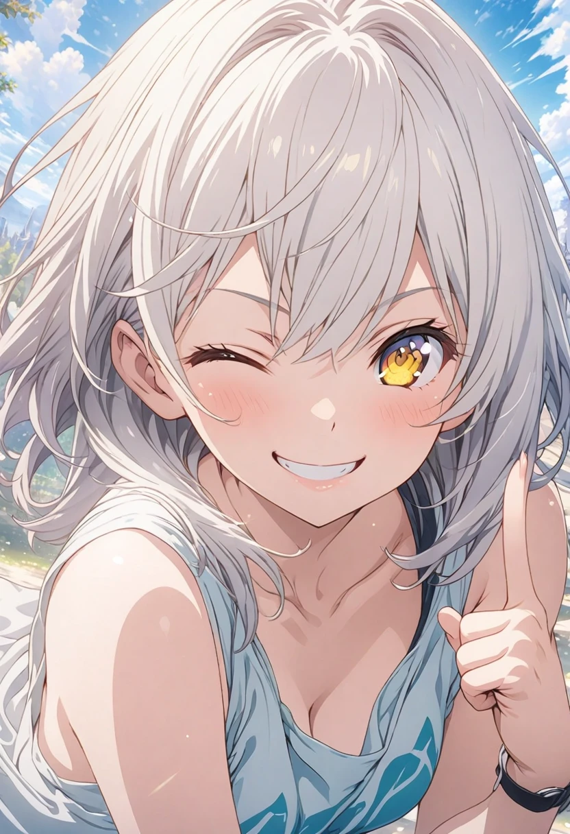 masterpiece, Highest quality, Highly detailed CG Unity 8k wallpaper, High School Girl Anime Illustration. Wear an oversized tank top、Doing the finger guns pose、she has her eyes closed and mouth open, smile. The background is a light pastel colored landscape., White hair color, Yellow Eyes
