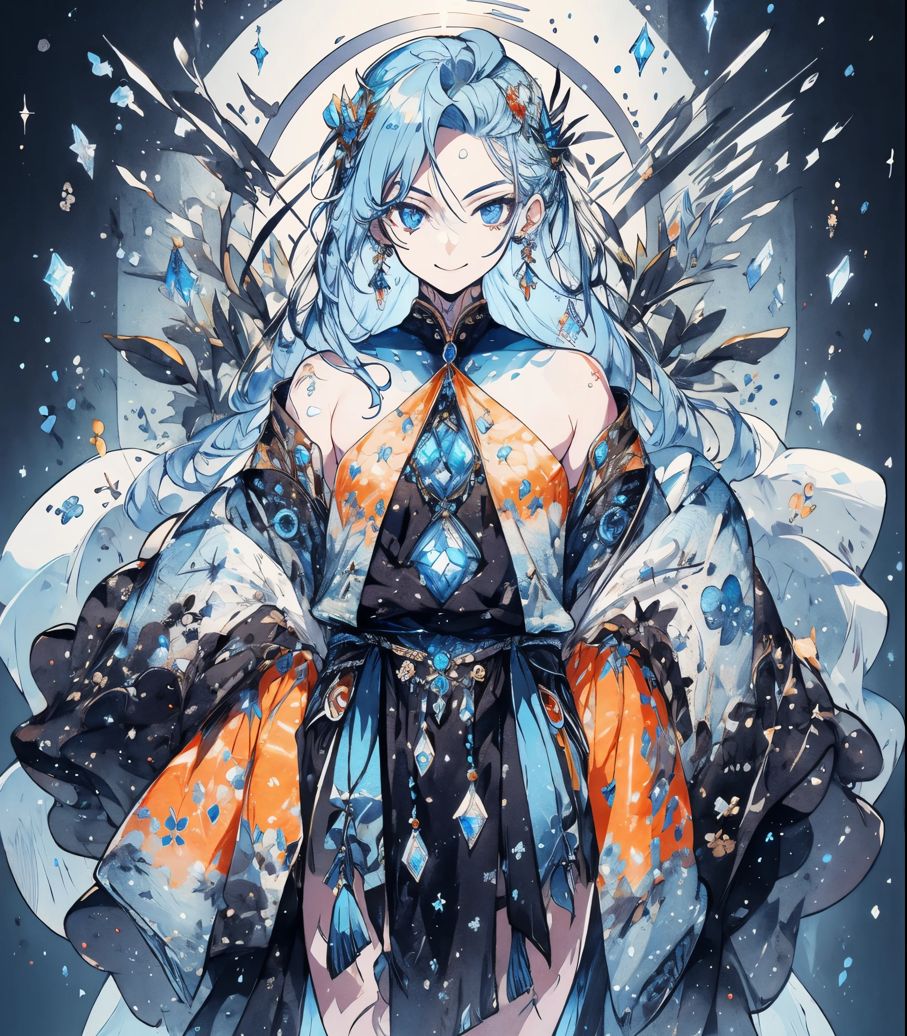 masterpiece, super high quality, ( Highly detailed original illustration),1 person,Ice Princess,Around the ice, Frosty Theme,( 輝く黄Farbeい目:1.2), A light, cold smile, Arrogant look, Sexy Russian costume, blue crystal jewelry, Ice blue glowing tattoo,detailed,Realistic,4K High Definition,Study Map,masterpiece,Highest quality,Official Art,figure,Clear lines,(nice_Farbe),Perfect composition,Fantasy,Concentration,Front facing,No text