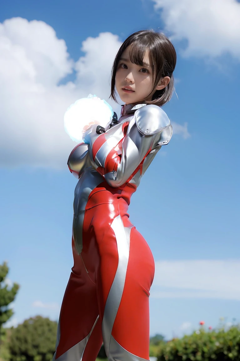 (((blue sky with cloud in background))), Ultraman、realistic、realistic、cinematic lighting, Girl in a shiny red and silver suit、18 years old、professional photo, Japanese model, Japanese cgi、Ultraman Suit、tight and thin cyber suit, Whole body rubbery delicate body, big breasts、small ass、thin thighs、thin arms、thin waist、、Both sides of the cyber suit stick to the skin、Big eyes、black short hair、facing the front、facing the front、A glowing sphere is embedded in the chest.