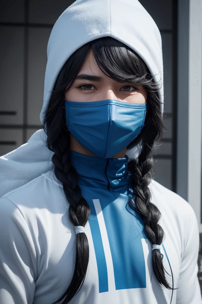 I want free fire male skin with super kalahary hair Arctic blue mask and white and black prisoner shirt