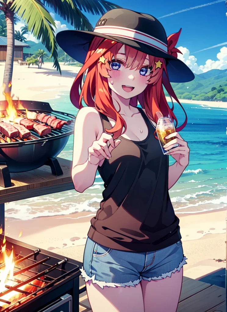 itsukinakano, Itsuki Nakano, bangs, blue eyes, Hair between the eyes, Redhead, star \(symbol\), hair ornaments, star hair ornaments,Baseball hats,happy smile, smile, Open your mouth,Red Tank Top,Belly button,Shorts,barefoot,Sweat,Beach,barbecue,cooking,Grilled meat,barbecue,Grilling meat,eating meat,Grilled meat,Palm tree,True Summer,Daytime,Clear skies,
break indoors, Beach,Sandy Beach,
break looking at viewer, (Cowboy Shot:1.5),
break (masterpiece:1.2), Highest quality, High resolution, unity 8k wallpaper, (figure:0.8), (Beautiful attention to detail:1.6), Highly detailed face, Perfect lighting, Highly detailed CG, (Perfect hands, Perfect Anatomy),