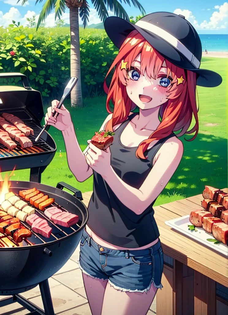 itsukinakano, Itsuki Nakano, bangs, blue eyes, Hair between the eyes, Redhead, star \(symbol\), hair ornaments, star hair ornaments,Baseball hats,happy smile, smile, Open your mouth,Red Tank Top,Belly button,Shorts,barefoot,Sweat,Beach,barbecue,cooking,Grilled meat,barbecue,Grilling meat,eating meat,Grilled meat,Palm tree,True Summer,Daytime,Clear skies,
break indoors, Beach,Sandy Beach,
break looking at viewer, (Cowboy Shot:1.5),
break (masterpiece:1.2), Highest quality, High resolution, unity 8k wallpaper, (figure:0.8), (Beautiful attention to detail:1.6), Highly detailed face, Perfect lighting, Highly detailed CG, (Perfect hands, Perfect Anatomy),