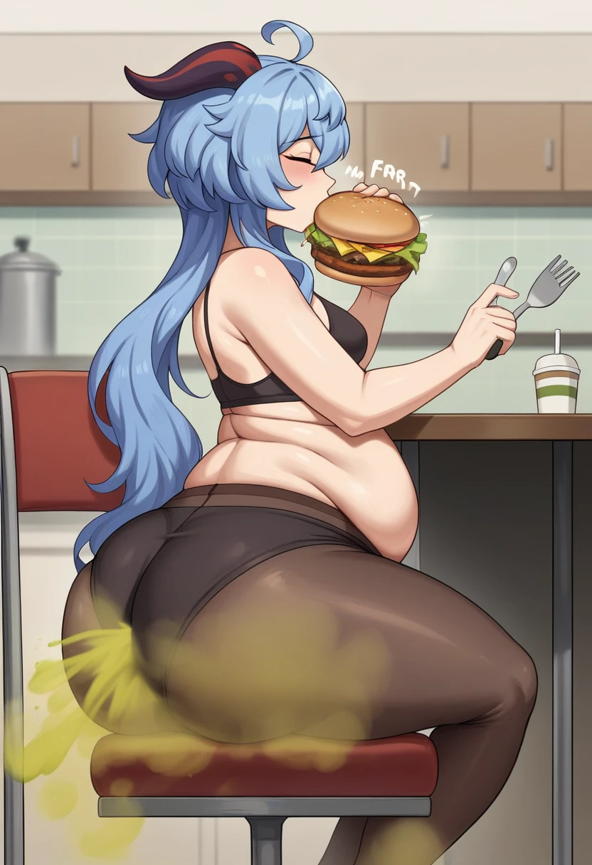 1girl, solo, ganyu \(genshin impact\), tight pants, panties,pantyhose,vibrant colors,mature, milf,(best quality, masterpiece, highres, ultra high resolution, high quality face, high quality eyes:1.1), kitchen,table,sit on chair, sitting on chair,view from side,eating burger,eating giant burger,fart,farted, farting,excessive farting, Flatulence, green gas clouds,thick (green gas clouds1.2), massive green gas clouds, giant fart, (massive fart:1.2),room filled with gas,gas coming out of ass,gas from ass, burp,belch, burping, belching, gas from mouth, gas coming out of mouth,sound effects, small breasts, huge ass,large belly,chubby belly,nsfw