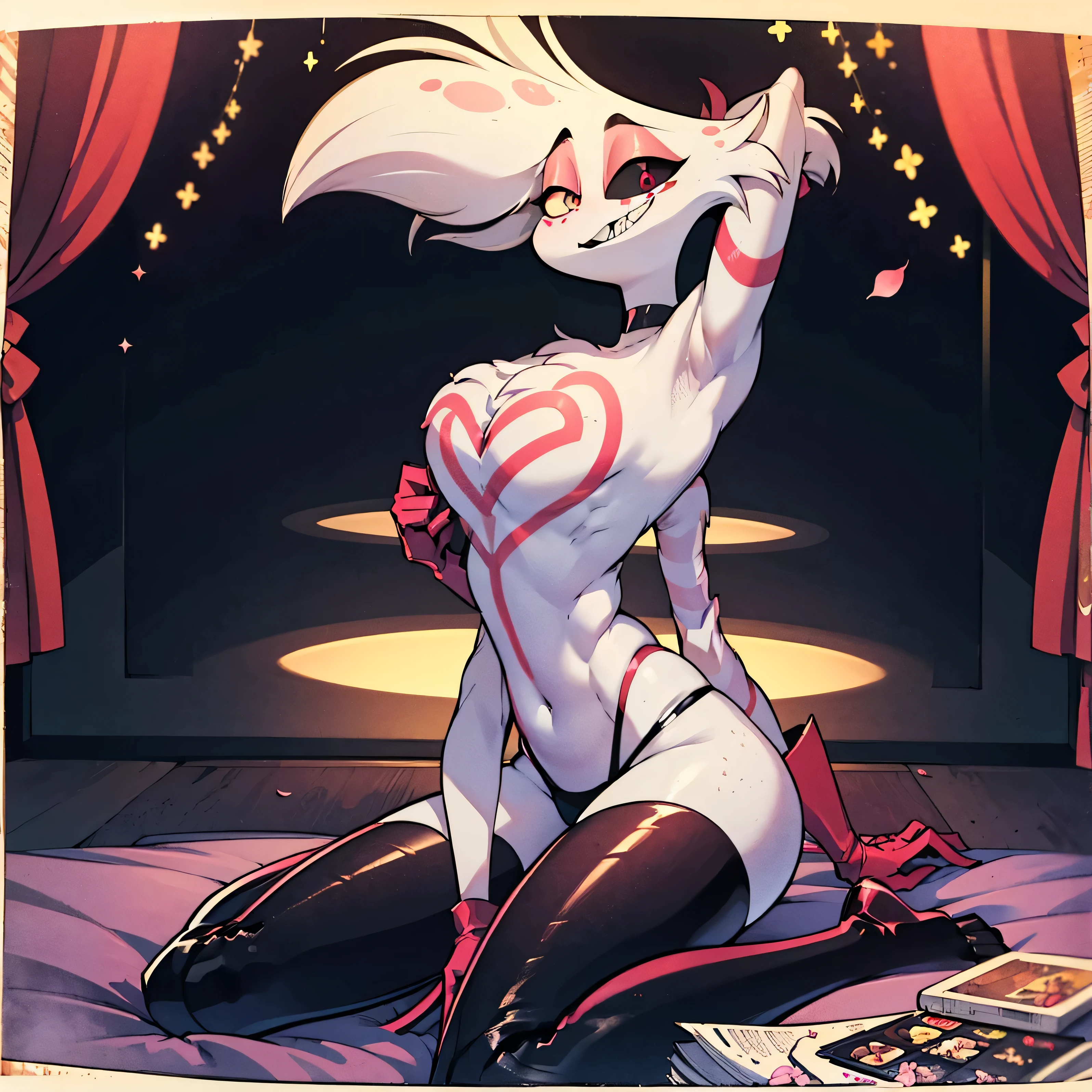 Boy, White hair, pink freckles, breast bundle, Pink eyes, (black sclera on the right eye, heterochromia), Ideal Anatomy, (Best quality, masterpiece:1), fluffy, boy, antro, 4 hands, Gold Tooth, hourglass figure with sharp teeth, body, mixing, Ray tracing, Backlight, blossom, mixing, falling shadow, Fill an image, halftones, movement lines, optical illusion, anaglyph, express lines, vignetting, , retina, masterpiece, accurate, Anatomically correct, textured leather, super detail, high detail, Body hair, hair on the chest, wide hips, Fluffy legs, covered in flower petals, boy , man , femboy, one flower in my hair, 4 hands, smile, solo antro, ((portrait)), ((Wear an erotic outfit)), stripper, (pink and red underwear), (lace stockings), (detailed lighting of Bonifasco), (detailed fur), (detailed skin), (Cinematic blue and purple lighting), ((detailed background, VIP room, No, strip club)), (half body shadow), [explicit content], [Sharp Focus], (shaded), ((masterpiece), Brown eyes, (long hair), (atomic hair), medium breast, pectoral muscles, (fluffy мех), fluffy tights, fluffy breasts, furry fantasy art, antro art, High Definition Commission, fluffy art, masterpiece, Best quality, detailed image, perfect lighting, perfect shadows, Perfect eyes, focus on the girl, flawless face, шикарное body, body песочных часов, fluffy, Fur on the body, playful look, half-closed eyes, все body, detailed fur, balanced coloring, fluffy, antro, (привлекательное body), I look at the viewer, seductive look, seductive pose, perfect legs, perfect hair, crowded