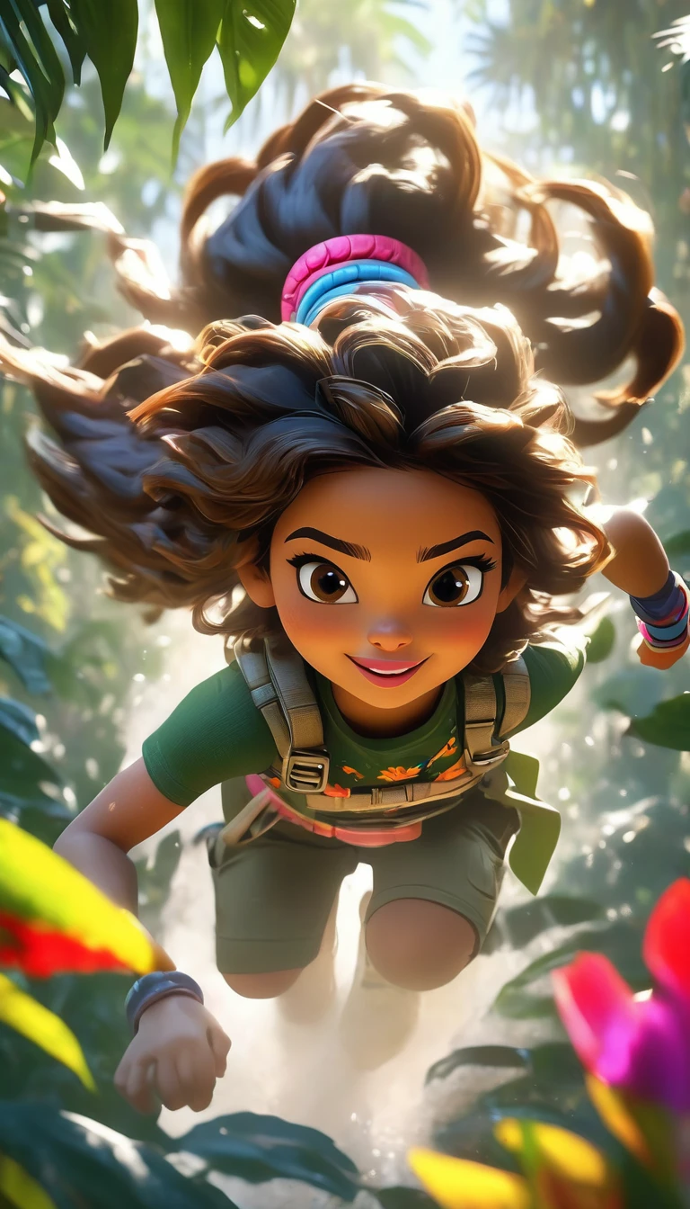 extreme sports, jungle fun, joy, fun, people having fun in the jungle, (best quality,4k,8k,highres,masterpiece:1.2),ultra-detailed,(realistic,photorealistic,photo-realistic:1.37),1girl,beautiful detailed eyes,beautiful detailed lips,extremely detailed eyes and face,longeyelashes,lush jungle environment,colorful flowers,tropical plants,wild animals,adventurous,energetic,dynamic composition,vibrant colors,warm lighting,cinematic