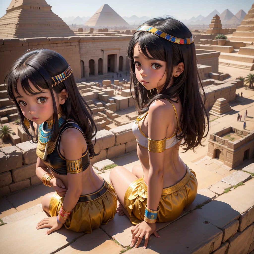 Cute Ancient Egyptian 8 year old girl、A hill overlooking the colorful temples of ancient Egypt、A colorful view of the whole city、whole body