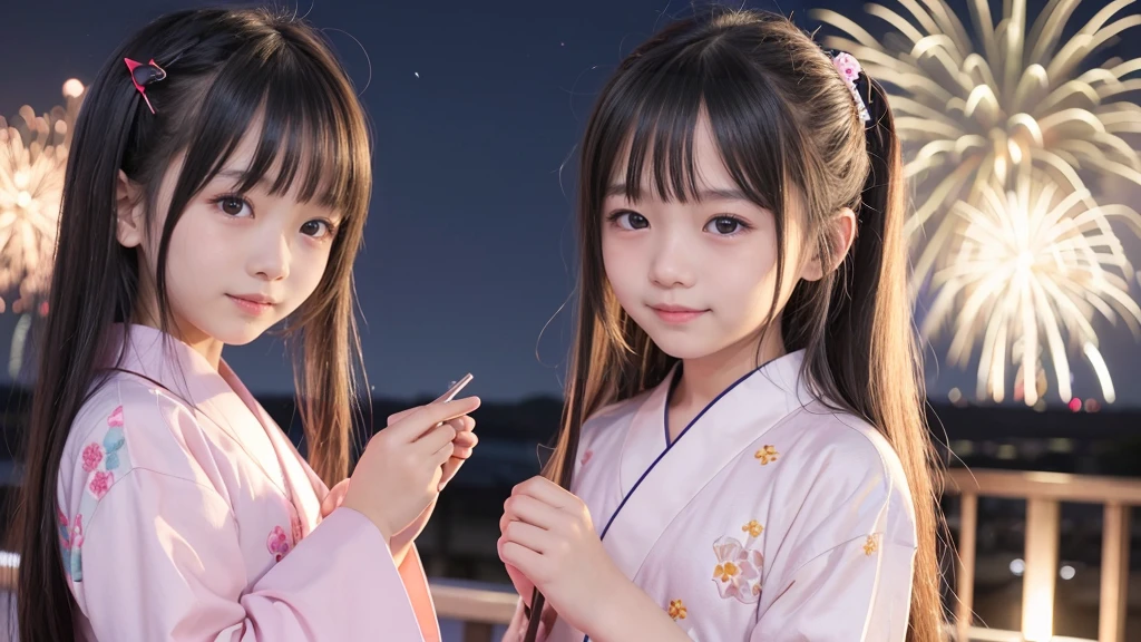 very cute、11 years old、girl、Long Straight Hair、Beautiful yukata、Night Sky、Countless fireworks、smile、






















