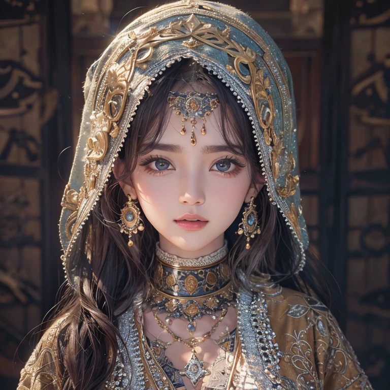 Ancient Islam、Blowing hair 、 ((Highest quality、masterpiece、8k、Best image quality、Ultra-high resolution、Award-winning works)、(Accurate anatomy:1.1)、(Look at me and smile:1.0)、Shining fair skin with Ultra-high resolution、The most detailed face、Ultra-high resolution detailed face、Ultra-high resolutionの髪の毛、(Ultra-high resolution eye:1.1)、Beautiful face drawn in every detail、Ancient Islam衣服, Chest to chest, Dark atmosphere,Dark Light, Ancient Islamメイク,