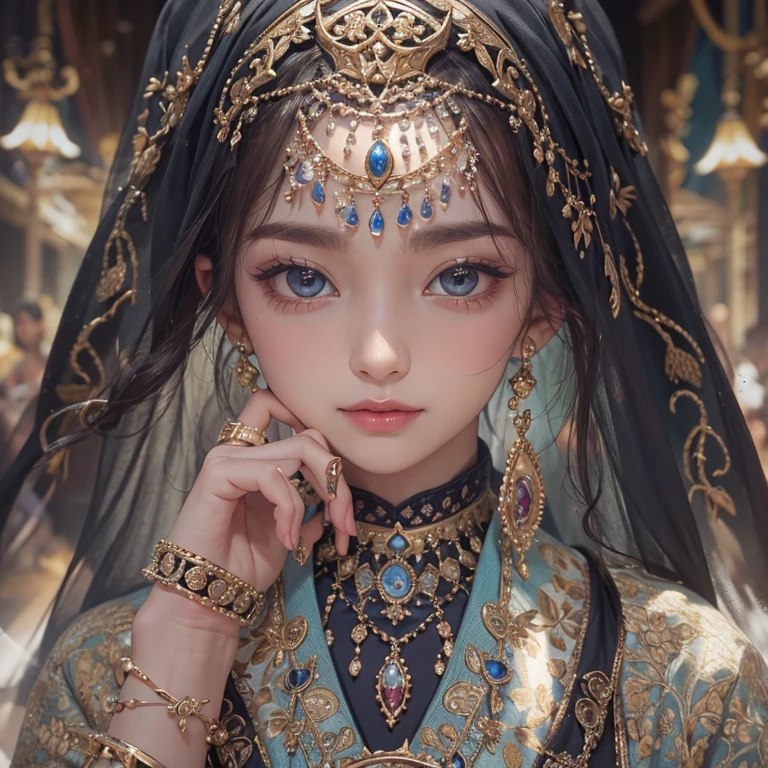 Ancient Islamic、Blowing hair 、 ((Highest quality、masterpiece、8K、Best image quality、Ultra-high resolution、Award-winning works)、(Accurate anatomy:1.1)、(Look at me and smile:1.0)、Shining fair skin with Ultra-high resolution、The most detailed face、Ultra-high resolution detailed face、Ultra-high resolutionの髪の毛、(Ultra-high resolution eye:1.1)、Beautiful face drawn in every detail、Ancient Islamic衣服, Chest to chest, Dark atmosphere,Dark Light, Ancient Islamicメイク,