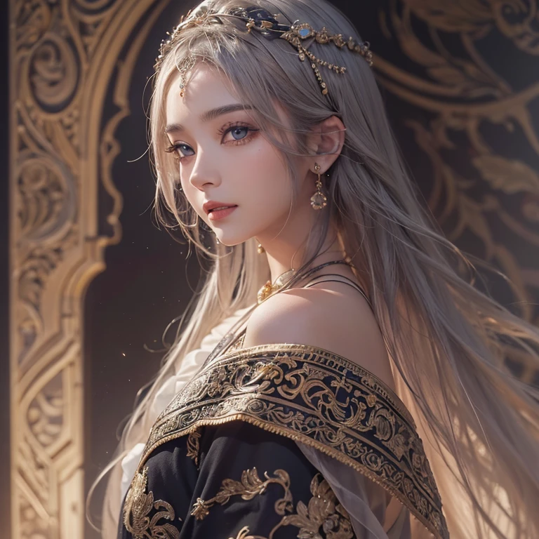 Ancient Islam、Blowing hair 、 ((Highest quality、masterpiece、8k、Best image quality、Ultra-high resolution、Award-winning works)、(Accurate anatomy:1.1)、(Look at me and smile:1.0)、Shining fair skin with Ultra-high resolution、The most detailed face、Ultra-high resolution detailed face、Ultra-high resolutionの髪の毛、(Ultra-high resolution eye:1.1)、Beautiful face drawn in every detail、Ancient Islam衣服, Chest to chest, Dark atmosphere,Dark Light, Ancient Islamメイク,