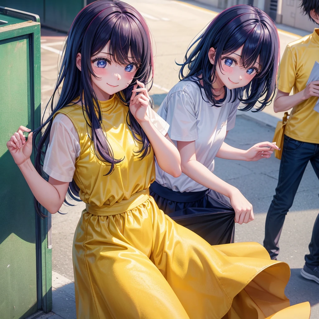 A clumsy and absent-minded girl wearing yellow clothes。Looking at the camera and smiling shyly。
