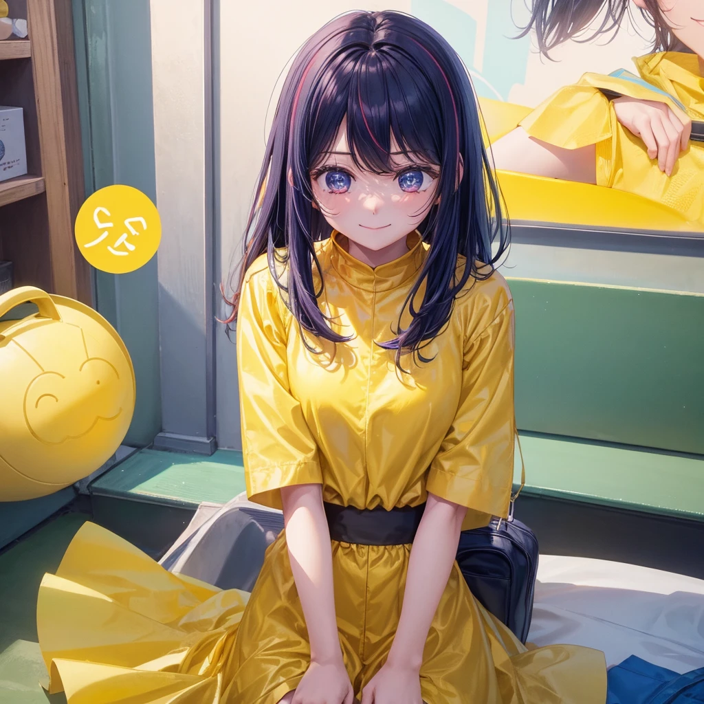 A clumsy and absent-minded girl wearing yellow clothes。Looking at the camera and smiling shyly。