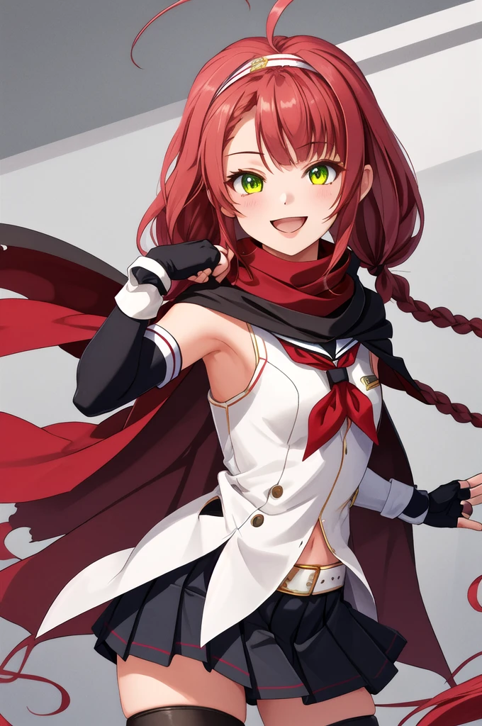 Highest quality, masterpiece, High resolution, 一人in, {Sichuan wind_Kantai Collection:1.15}, length_hair, red_hair, ribbon, hairband, hair_ribbon, 前hair, Ahoge, twintails, Side Lock, low_twintails, asymmetrical_前hair, very_length_hair, smile, green_eye, Seraphim, Sleeveless, hair_flap, 1 girl, black_gloves, Braiding, Cape, elbow_gloves, fingerless_gloves, gloves, looking for_in_Audience, scarf, School_uniform, twin_Braidings, yellow_eye, neckerchief, skirt, torpedo, mechanical, Open_mouth, pleined_skirt