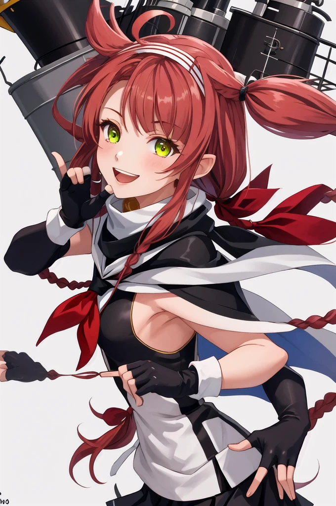 Highest quality, masterpiece, High resolution, 一人in, {Sichuan wind_Kantai Collection:1.15}, length_hair, red_hair, ribbon, hairband, hair_ribbon, 前hair, Ahoge, twintails, Side Lock, low_twintails, asymmetrical_前hair, very_length_hair, smile, green_eye, Seraphim, Sleeveless, hair_flap, 1 girl, black_gloves, Braiding, Cape, elbow_gloves, fingerless_gloves, gloves, looking for_in_Audience, scarf, School_uniform, twin_Braidings, yellow_eye, neckerchief, skirt, torpedo, mechanical, Open_mouth, pleined_skirt