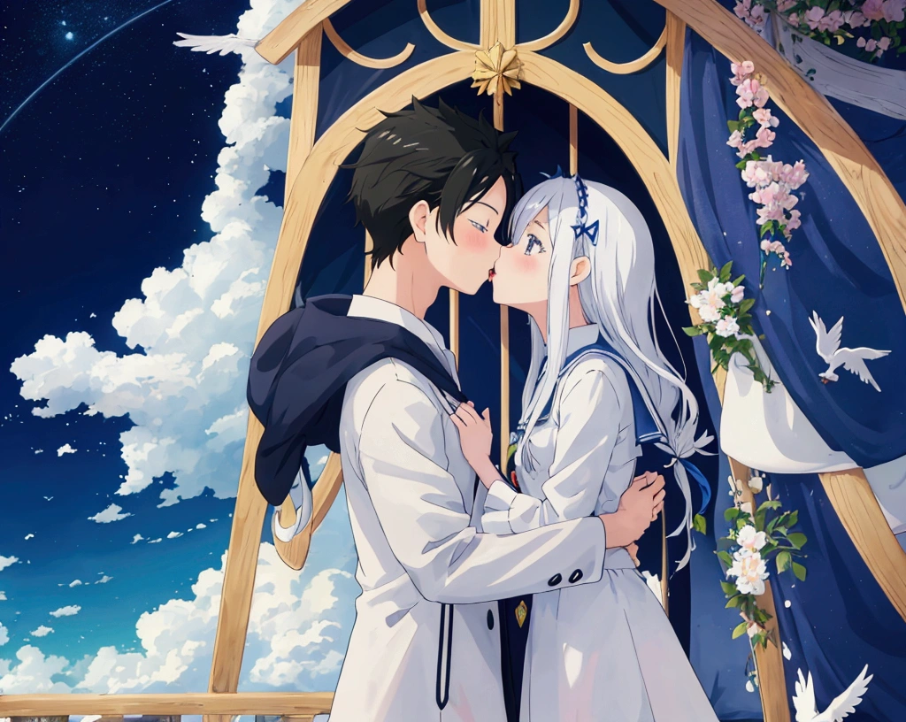 
anime, kids, kids cute, couple kissing in the sky with birds flying overhead, kissing together cutely, romanticism lain, shoujo romance, sakimi chan, lovely kiss, kissing together, anime picture, in love, kissing, romantic!!!, anime, re:zero, echidna, subaru, making love, cute anime, beautiful anime, anime!!, anime wallaper, cielo hermoso, lagrimas de felicidad en la niña, echidna niña, pelo blanco, cejas gruesas blanca, subaru niño