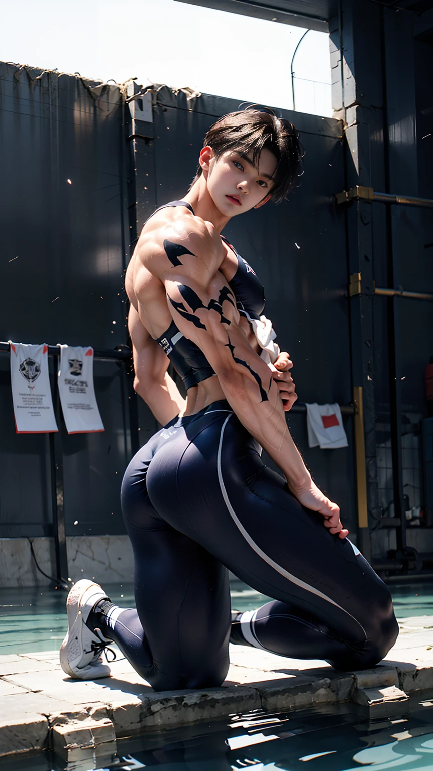 masterpiece,best quality,(Frontal upward perspective),Front view,(A well-built 18-year-old tall boy:1.2), (Kneeling upright in the middle of the stream:1.2),Orange tight cycling suit,male,Big muscles,Strong limbs,(Broad shoulders),Muscular shoulders,(Extremely strong body),Fitnesuscles are about to burst through clothes,Inverted triangle figure,Biceps,Highlight muscle texture, Muscular body,Small head,(Handsome and cute face),V-Shaped Face,Perfectly detailed facial features,sports shoes,Looking at the camera,An angry and serious expression,leaning back,head tilt, happy, very short hair, brown hair,(looking at viewer:1.2),Wide-angle lens