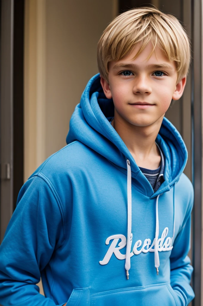 Cute blonde boy with blue hoodie on