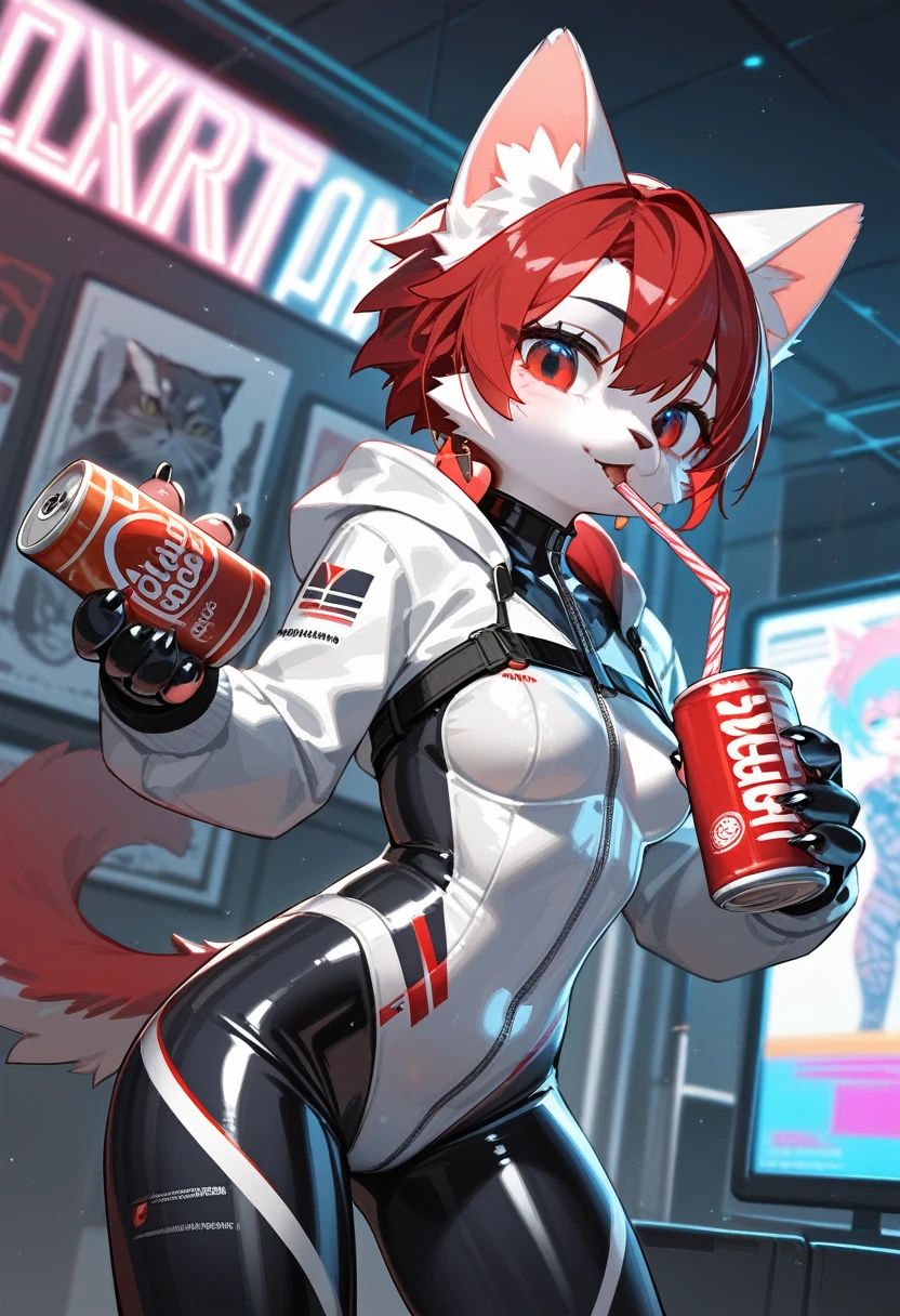 Highest quality, Highest quality, High quality illustrations, masterpiece, Ultra-high resolution, Detailed Background, room, Absurd, Perfect Anatomy, performance, Good lighting, Shadows in the movies(kemono, Furry PersonifiCation), Cat, Red Hair, Rubber Suit, latex, neon, neonライト, neonカラー, Bodysuits, Cyber Suit, cyber punk, White Rubber Hoodie, Drinking canned coffee straight from the can, Earrings, Tattoo, Dynamic Angle