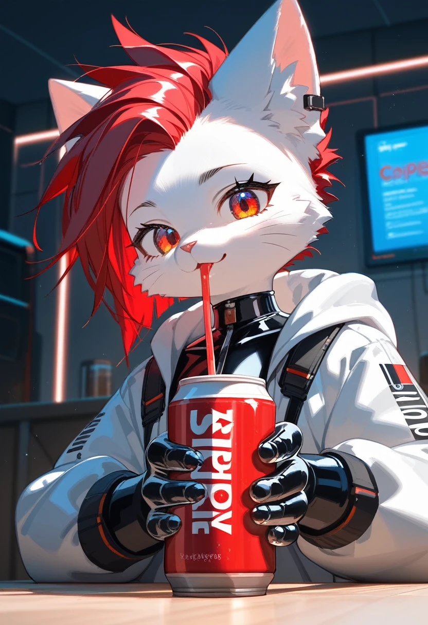 Highest quality, Highest quality, High quality illustrations, masterpiece, Ultra-high resolution, Detailed Background, room, Absurd, Perfect Anatomy, performance, Good lighting, Shadows in the movies(kemono, Furry PersonifiCation), Cat, Red Hair, Rubber Suit, latex, neon, neonライト, neonカラー, Bodysuits, Cyber Suit, cyber punk, White Rubber Hoodie, Drinking canned coffee straight from the can, Earrings, Tattoo, Dynamic Angle