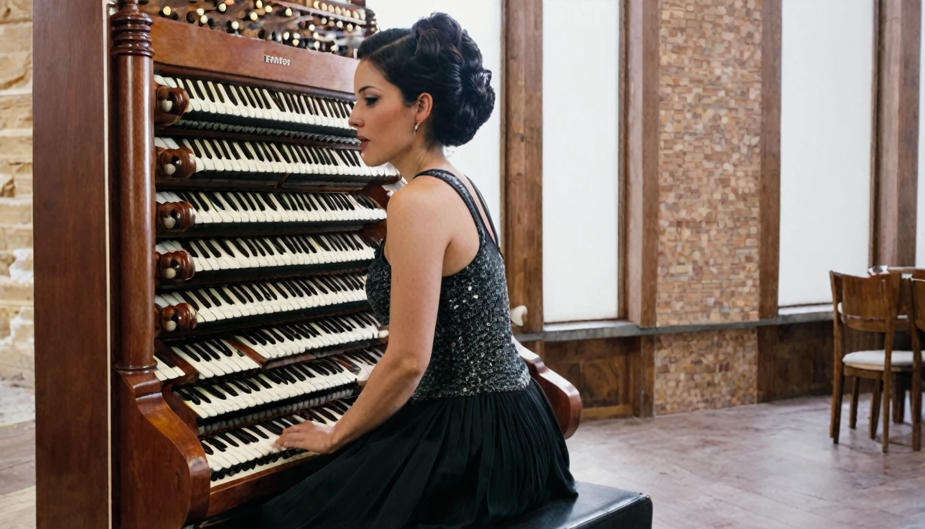 A beautiful woman playing a giant pipe organ