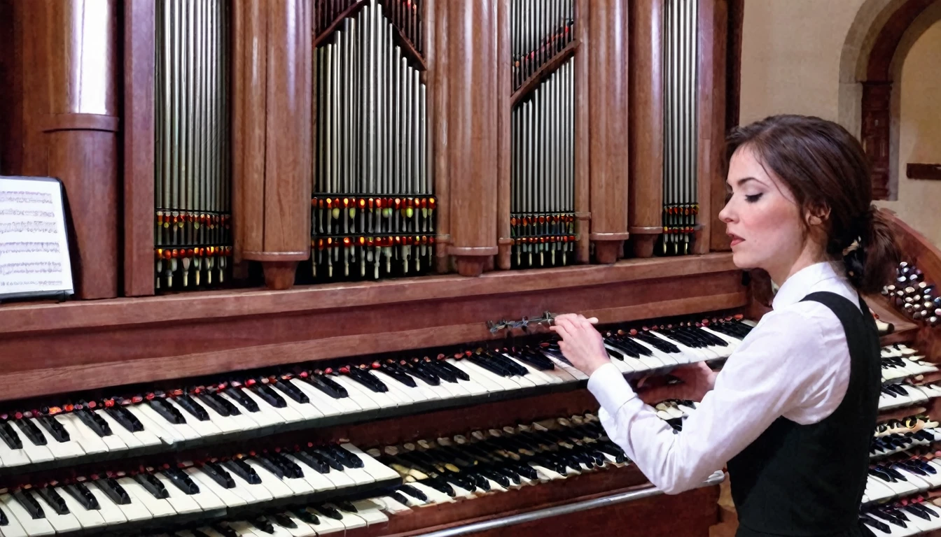 A beautiful woman playing a giant pipe organ
