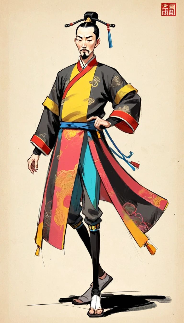 (((Exaggerated digital character sketches:1.37))).(King of the Qing Dynasty),(Black sketch lines,Loose brushstrokes create the outline,Cartoon Style. Bright colors and simplified lines, sketch)。(Exaggerated body movements,Long legs),(fear)