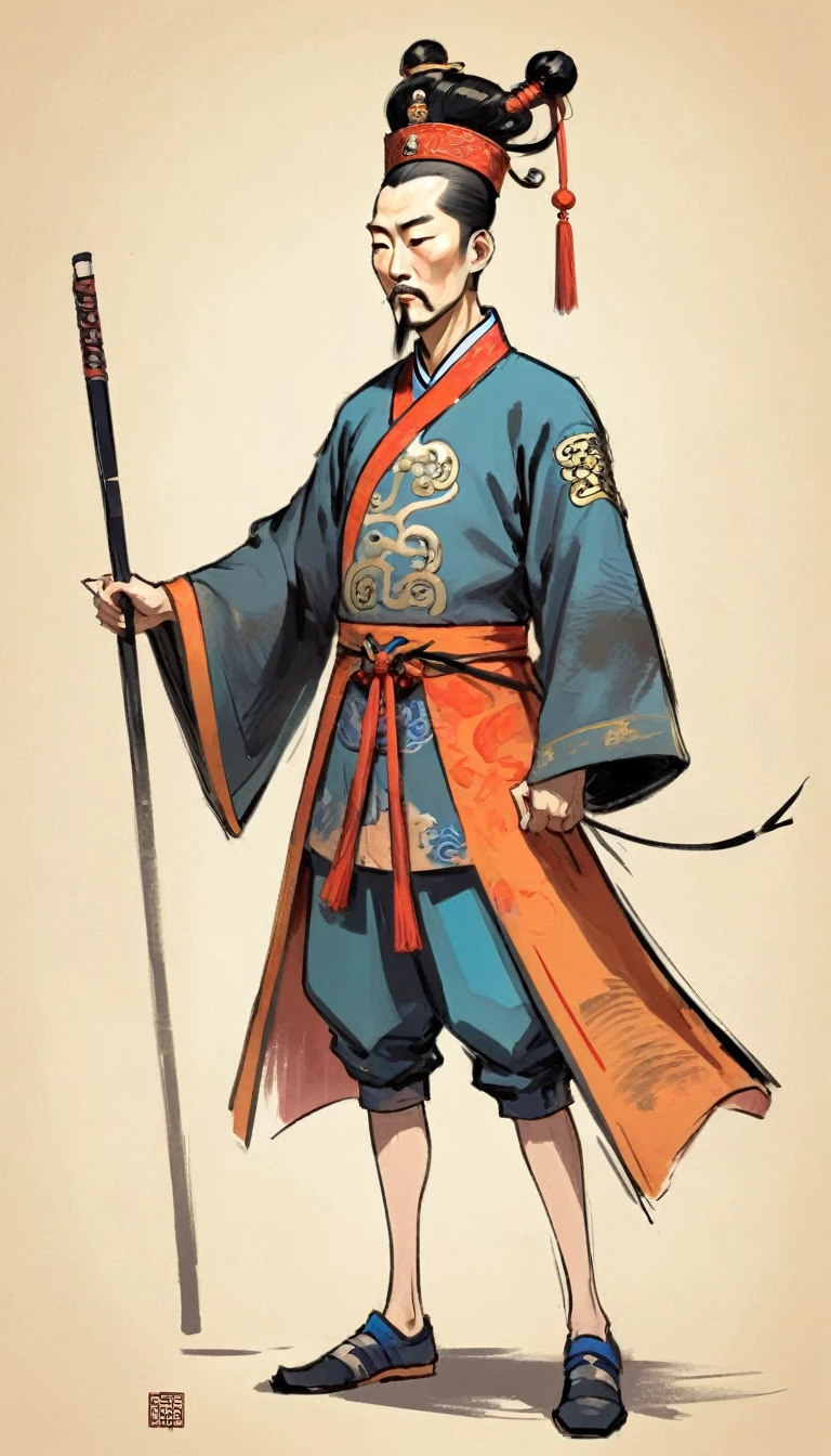 (((Exaggerated digital character sketches:1.37))).(King of the Qing Dynasty)，(Black sketch lines，Loose brushstrokes create the outline，Cartoon Style. Bright colors and simplified lines, sketch)。(Exaggerated body movements，Long legs),(fear）
