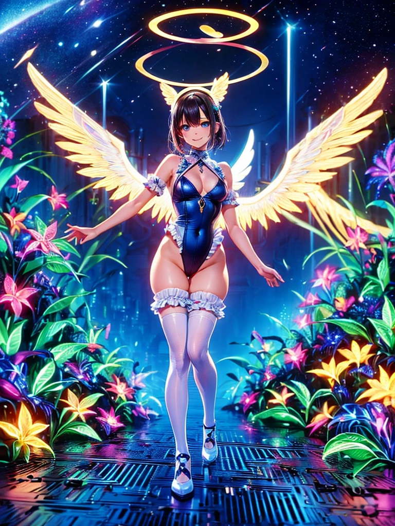 Highest quality,Highest Resolution,Smiling beautiful girl in maid leotard,White angel wings on your back,Halo,High leg,Frills,Knee-high stockings,front,whole body,up,universe,Milky Way,meteor,Very beautiful eyes,