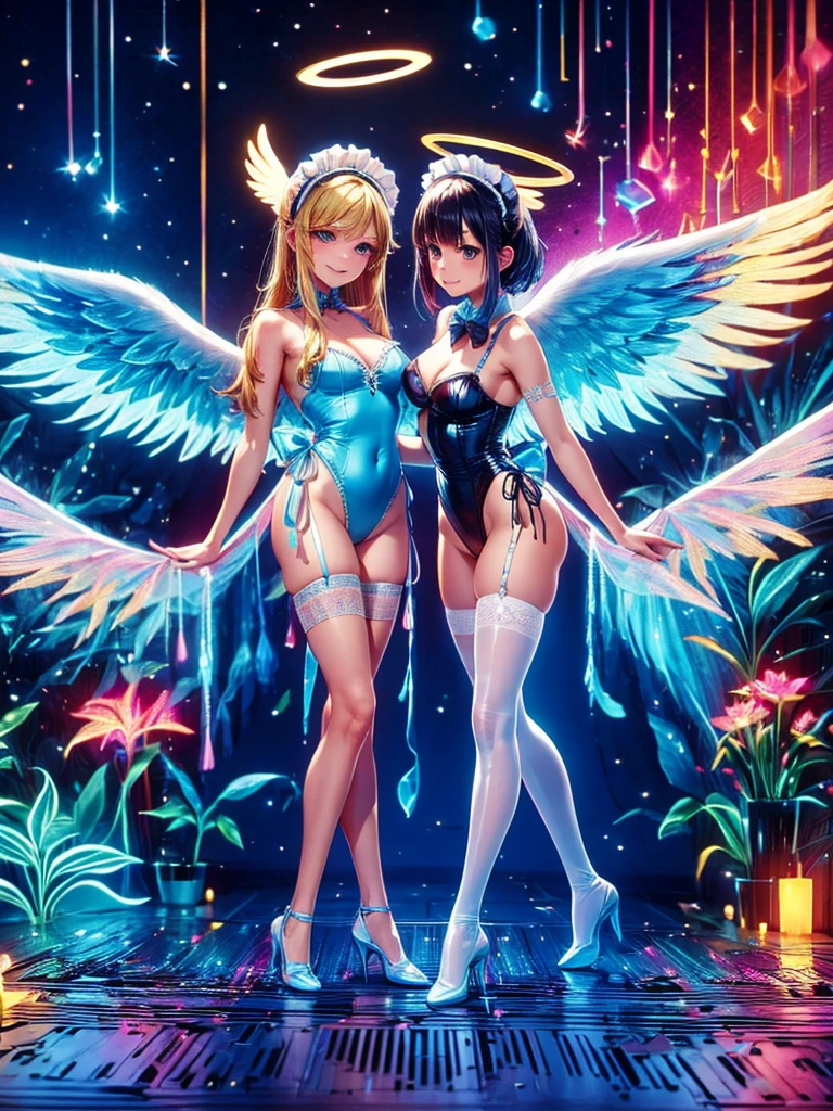 Highest quality,Highest Resolution,Smiling beautiful girl in maid leotard,White angel wings on your back,Halo,High leg,Frills,Knee-high stockings,front,whole body,up,universe,Milky Way,meteor,Very beautiful eyes,