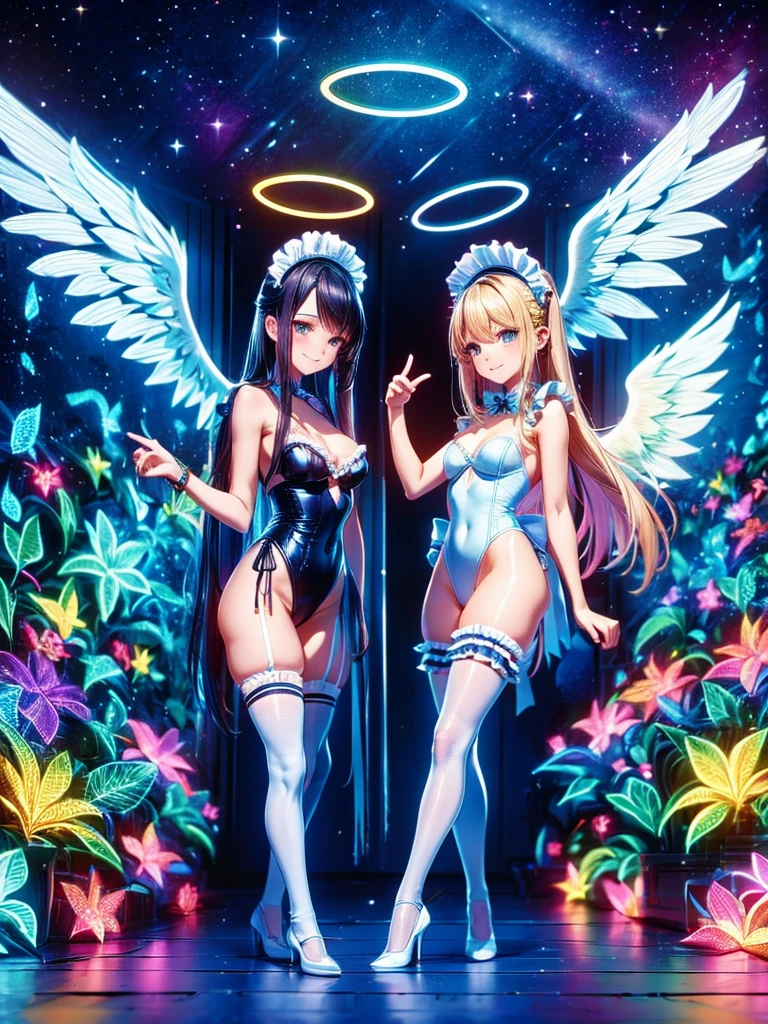Highest quality,Highest Resolution,Smiling beautiful girl in maid leotard,White angel wings on your back,Halo,High leg,Frills,Knee-high stockings,front,whole body,up,universe,Milky Way,meteor,Very beautiful eyes,