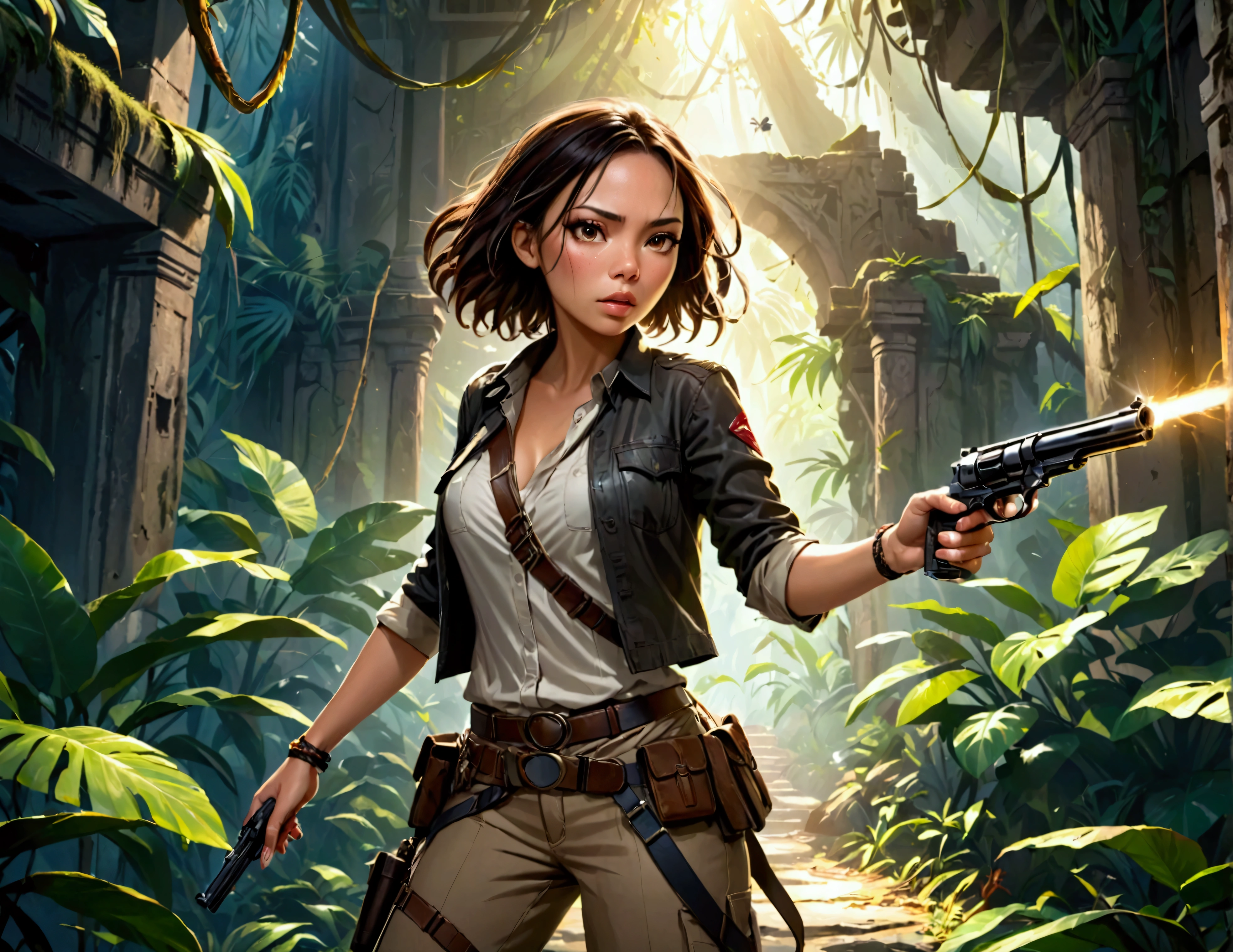 Lexa Doig (age 26) as Indian Jones, armed with her whip and pistol she explores a jungle ruin infested with snakes and spiders