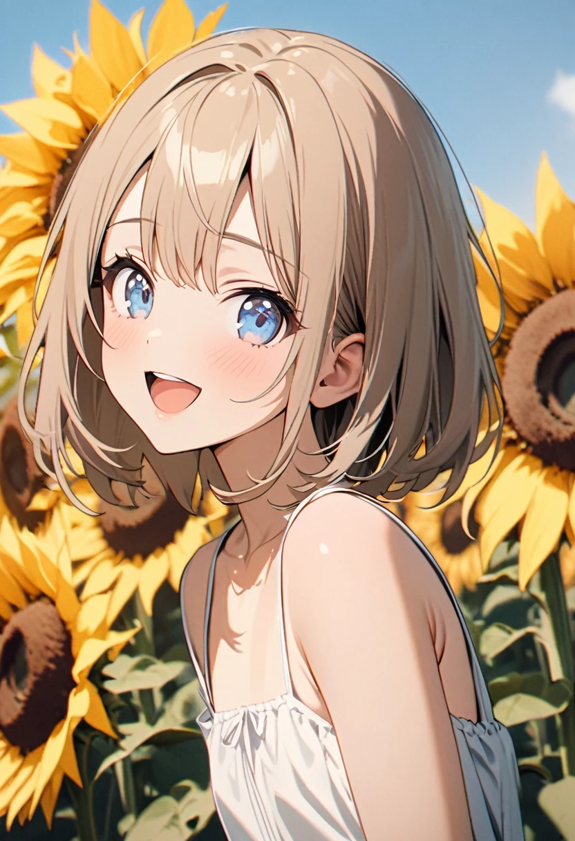 1 girl, 18yo, (flat chest: 1.5), blue eyes, light brown hair, bob cut, summer outfit, smile, open mouth, sunflower field, upper body, posing, bule sky, 8k, RAW photo, best quality, masterpiece, extremely detailed 8k wallpaper, ultra-detailed, best shadow, detailed background, beautiful detailed face, beautiful detailed eyes, nice hands, perfect hands