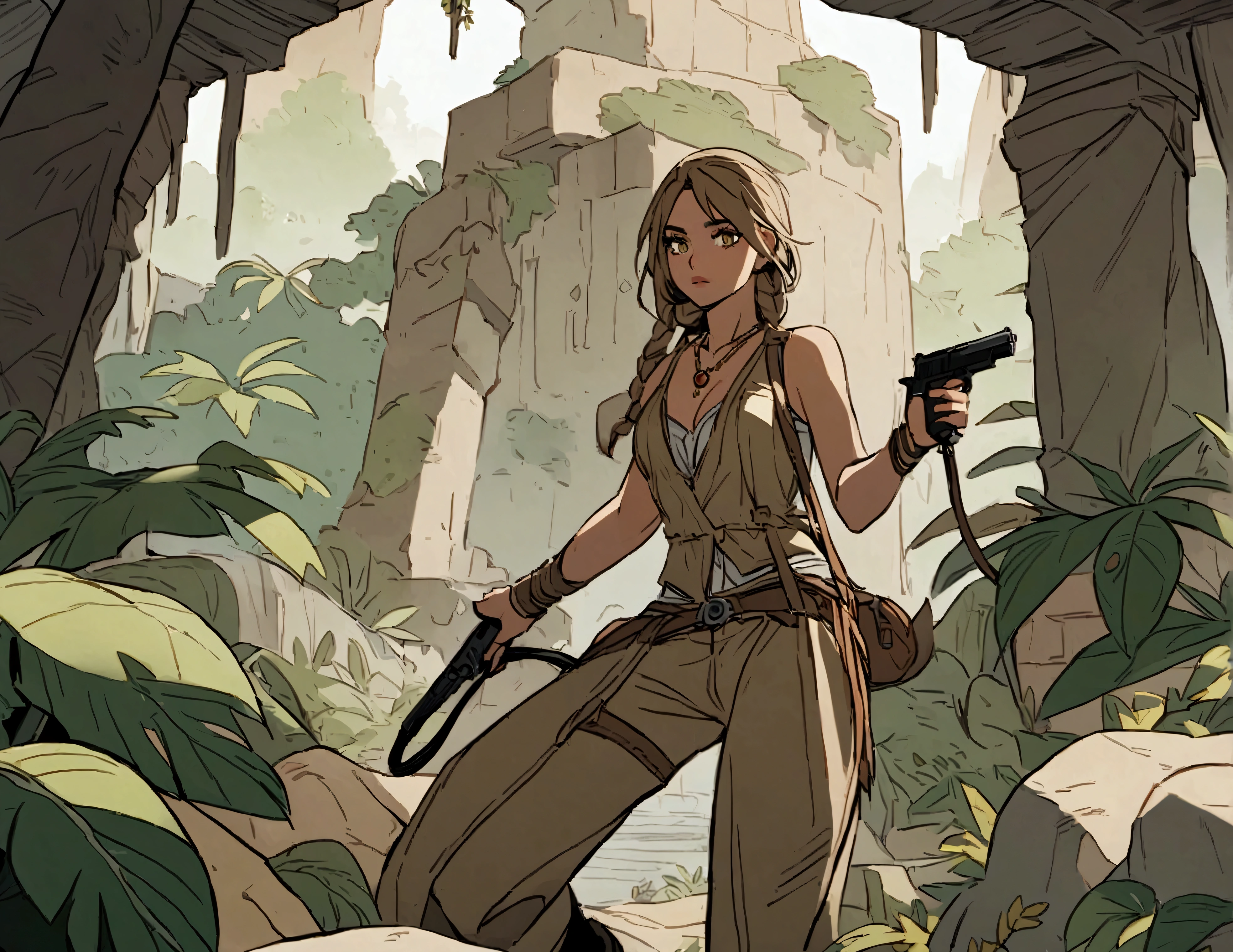 Lexa Doig (age 26) as Indian Jones, armed with her whip and pistol she explores a jungle ruin infested with snakes and spiders
