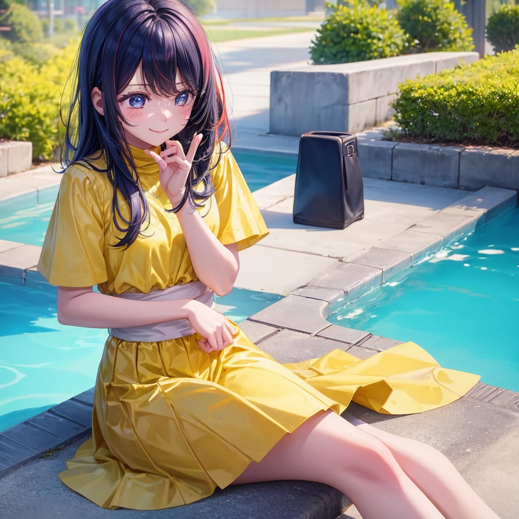 A clumsy and absent-minded girl wearing yellow clothes。Looking at the camera and smiling shyly。