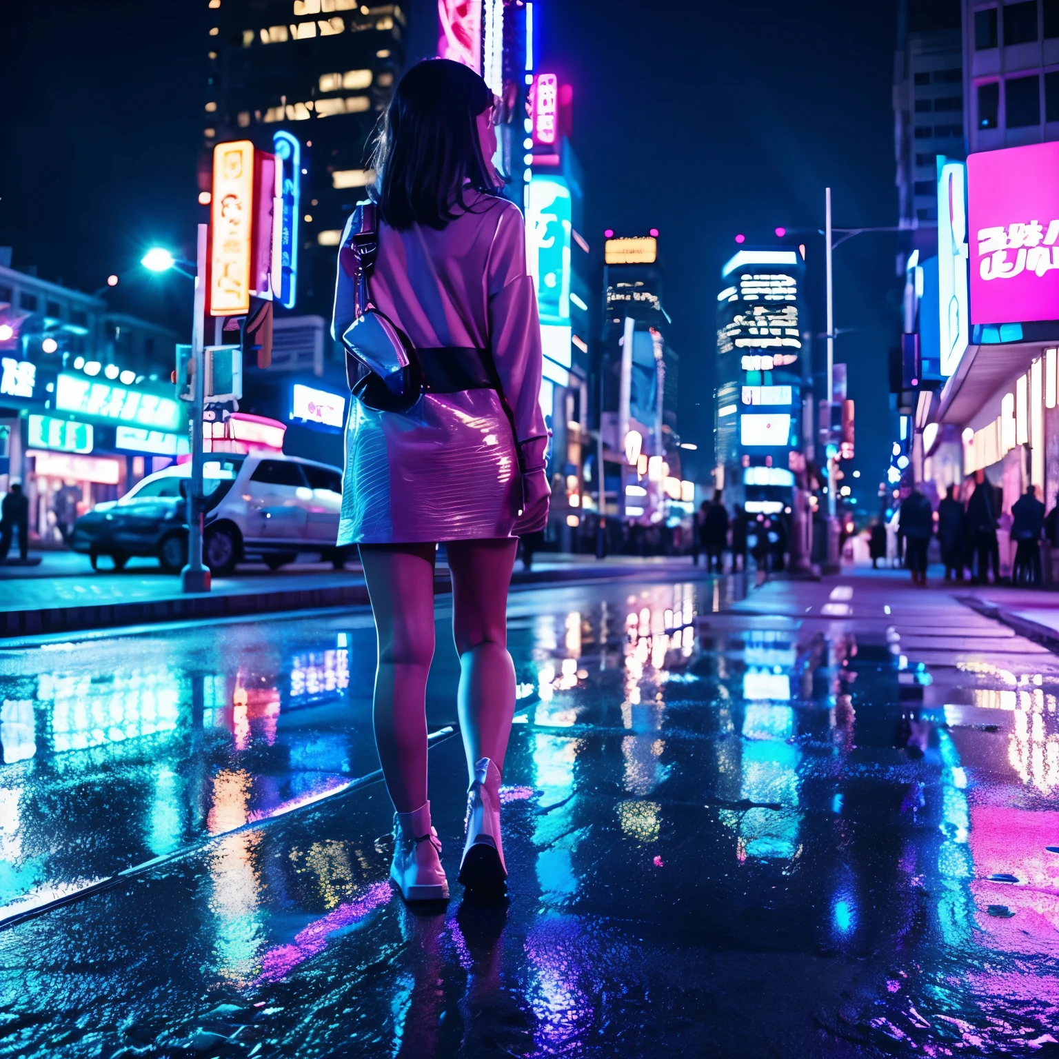 Cityscape at night、Slippery pavement，Neon lights flashing。The light is pink、blue、purple