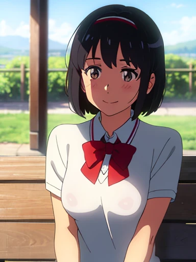 shinkai makoto, Kimi No Na Wa., One girl, bangs, Black Hair, blush, bow, bow, Brown eyes, collared shirt, head band, head band, Looking at the audience, red bow, red bow, red head band, 赤いribbon, ribbon, , shirt, short hair, smile, alone, sweater Best, Upper Body, Best, white shirt, yellow sweater Best, yellow Best, smile, Happy, Open your mouth, Sit on the bench with your legs up, Afternoon Gathering, Feel free to sit,Nipples,Nipples,Pussy,naked,