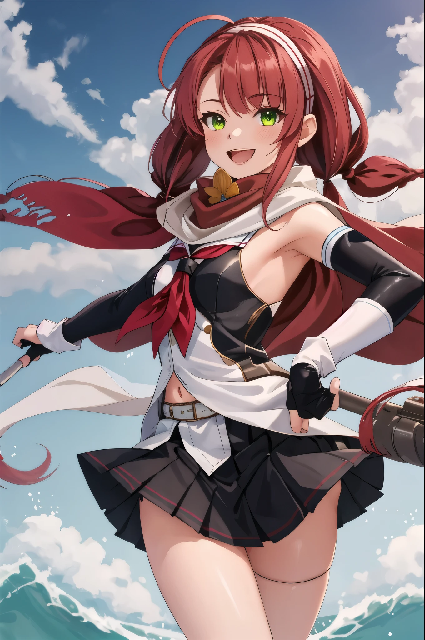 Highest quality, masterpiece, High resolution, 一人in, {Sichuan wind_Kantai Collection:1.15}, length_hair, red_hair, ribbon, hairband, hair_ribbon, 前hair, Ahoge, twintails, Side Lock, low_twintails, asymmetrical_前hair, very_length_hair, smile, green_eye, Seraphim, Sleeveless, hair_flap, 1 girl, black_gloves, Braiding, Cape, elbow_gloves, fingerless_gloves, gloves, looking for_in_Audience, scarf, School_uniform, twin_Braidings, yellow_eye, neckerchief, skirt, torpedo, mechanical, Open_mouth, pleined_skirt