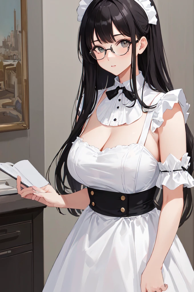 {{masterpiece}},high quality, 4K, 2D, 1 girl,{simple gray background},50 yo,standing,sagging breasts,{{gigantic breasts}},maid,front face,{{tareme}},attractive mature lady,black hair, {from right in front of face and body},View viewers from front,{front facing shot},Wear glasses,mole under eye,(serious:0.1)