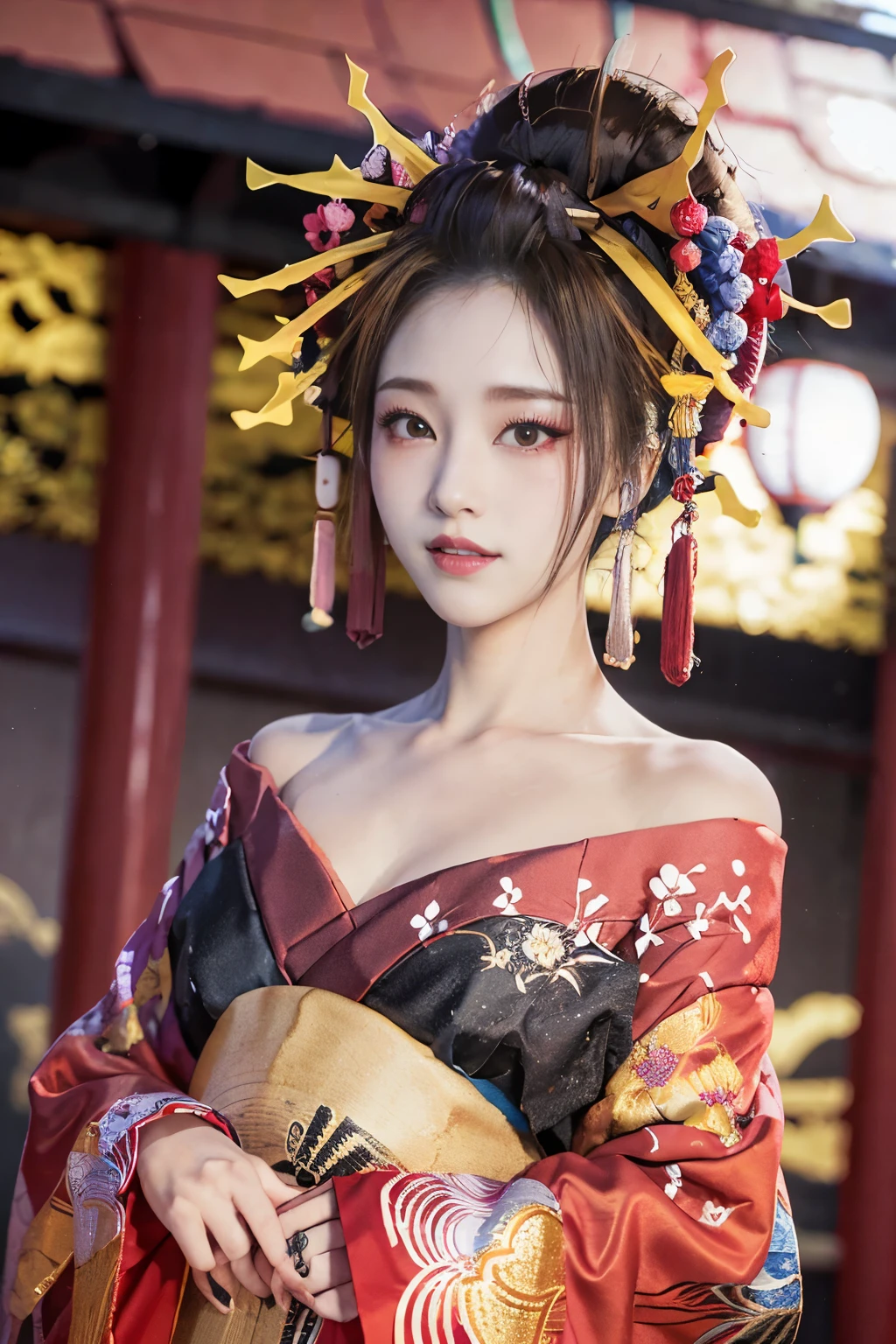 32K Ultra HD, Digital SLR,Film Grain, Fujifilm XT3,(Highest quality:1.3), (masterpiece:1.1), High resolution, Cinematic Light, Intricate details, (Realistic) (Night view) Realistic backlight、Dramatic reddish light、Beautiful Japanese young Geisha full body photo, ((Facial texture Pore details)), Grin、Devilish smile, Simple messy hairstyle, She wears a black satin kimono decorated with traditional dragon motifs.., Open shoulders, Colorful dragon tattoos all over the body, Has a long blade, Long-bladed Japan sword in hand,Inside a traditional villa, 32K, Front blur, beautiful girl,小さい胸,痩せている,小さいお尻,細い腰,細い脚と腿,平らな胸,平らなヒップ,