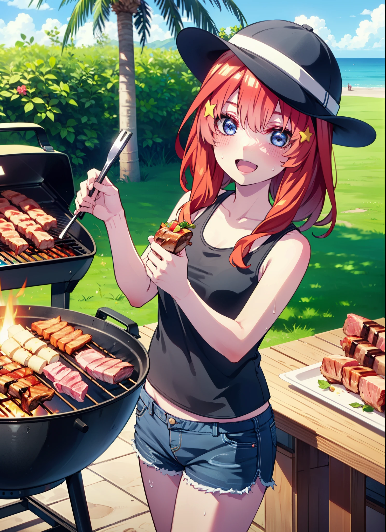 itsukinakano, Itsuki Nakano, bangs, blue eyes, Hair between the eyes, Redhead, star \(symbol\), hair ornaments, star hair ornaments,Baseball hats,happy smile, smile, Open your mouth,Red Tank Top,Belly button,Shorts,barefoot,Sweat,Beach,barbecue,cooking,Grilled meat,barbecue,Grilling meat,eating meat,Grilled meat,Palm tree,True Summer,Daytime,Clear skies,
break indoors, Beach,Sandy Beach,
break looking at viewer, (Cowboy Shot:1.5),
break (masterpiece:1.2), Highest quality, High resolution, unity 8k wallpaper, (figure:0.8), (Beautiful attention to detail:1.6), Highly detailed face, Perfect lighting, Highly detailed CG, (Perfect hands, Perfect Anatomy),