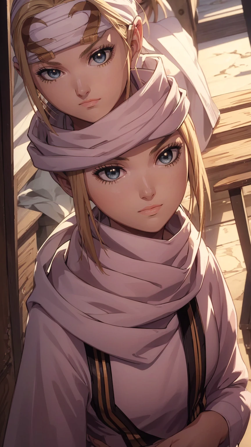 masterpiece), best quality, high resolution blonde 1girl bob cut medium hair standing alone cowl headband profile image looking at viewer beautiful eyes beautiful face extremely detailed pink clothing girly
