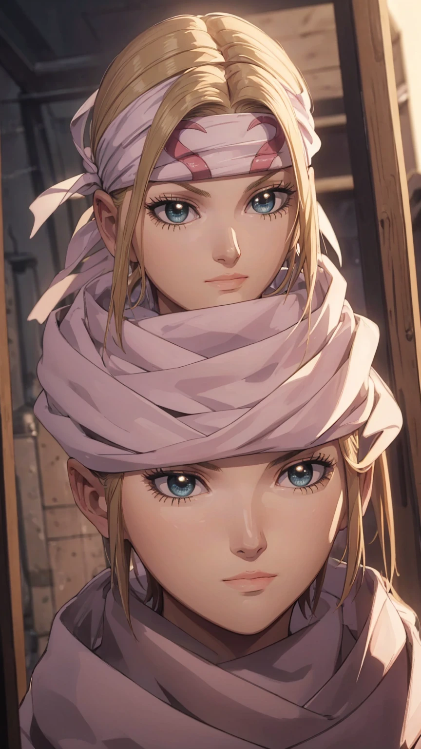 masterpiece), best quality, high resolution blonde 1girl bob cut medium hair standing alone cowl headband profile image looking at viewer beautiful eyes beautiful face extremely detailed pink clothing girly