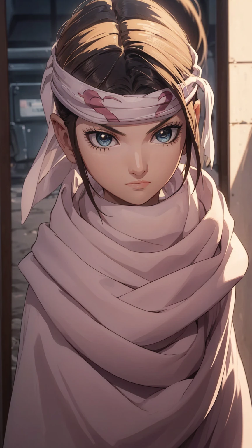 masterpiece), best quality, high resolution blonde 1girl bob cut medium hair standing alone cowl headband profile image looking at viewer beautiful eyes beautiful face extremely detailed pink clothing girly