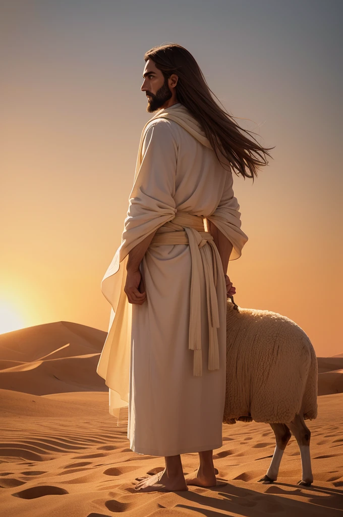 Jesus Christ standing in the desert tending his sheep, back looking at the horizon. He wears a white tunic with a brown sash at the waist and a tallit... The wind swings her long light brown hair. The sky at dusk is orange and white. The setting conveys tranquility and connection with nature