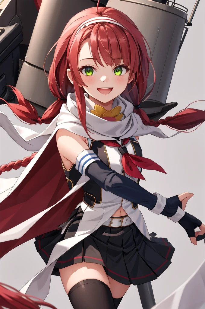 Highest quality, masterpiece, High resolution, 一人in, {Sichuan wind_Kantai Collection:1.15}, length_hair, red_hair, ribbon, hairband, hair_ribbon, 前hair, Ahoge, twintails, Side Lock, low_twintails, asymmetrical_前hair, very_length_hair, smile, green_eye, Seraphim, Sleeveless, hair_flap, 1 girl, black_gloves, Braiding, Cape, elbow_gloves, fingerless_gloves, gloves, looking for_in_Audience, scarf, School_uniform, twin_Braidings, yellow_eye, neckerchief, skirt, torpedo, mechanical, Open_mouth, pleined_skirt