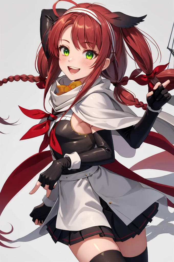 Highest quality, masterpiece, High resolution, 一人in, {Sichuan wind_Kantai Collection:1.15}, length_hair, red_hair, ribbon, hairband, hair_ribbon, 前hair, Ahoge, twintails, Side Lock, low_twintails, asymmetrical_前hair, very_length_hair, smile, green_eye, Seraphim, Sleeveless, hair_flap, 1 girl, black_gloves, Braiding, Cape, elbow_gloves, fingerless_gloves, gloves, looking for_in_Audience, scarf, School_uniform, twin_Braidings, yellow_eye, neckerchief, skirt, torpedo, mechanical, Open_mouth, pleined_skirt