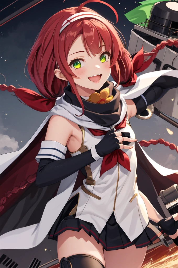 Highest quality, masterpiece, High resolution, 一人in, {Sichuan wind_Kantai Collection:1.15}, length_hair, red_hair, ribbon, hairband, hair_ribbon, 前hair, Ahoge, twintails, Side Lock, low_twintails, asymmetrical_前hair, very_length_hair, smile, green_eye, Seraphim, Sleeveless, hair_flap, 1 girl, black_gloves, Braiding, Cape, elbow_gloves, fingerless_gloves, gloves, looking for_in_Audience, scarf, School_uniform, twin_Braidings, yellow_eye, neckerchief, skirt, torpedo, mechanical, Open_mouth, pleined_skirt