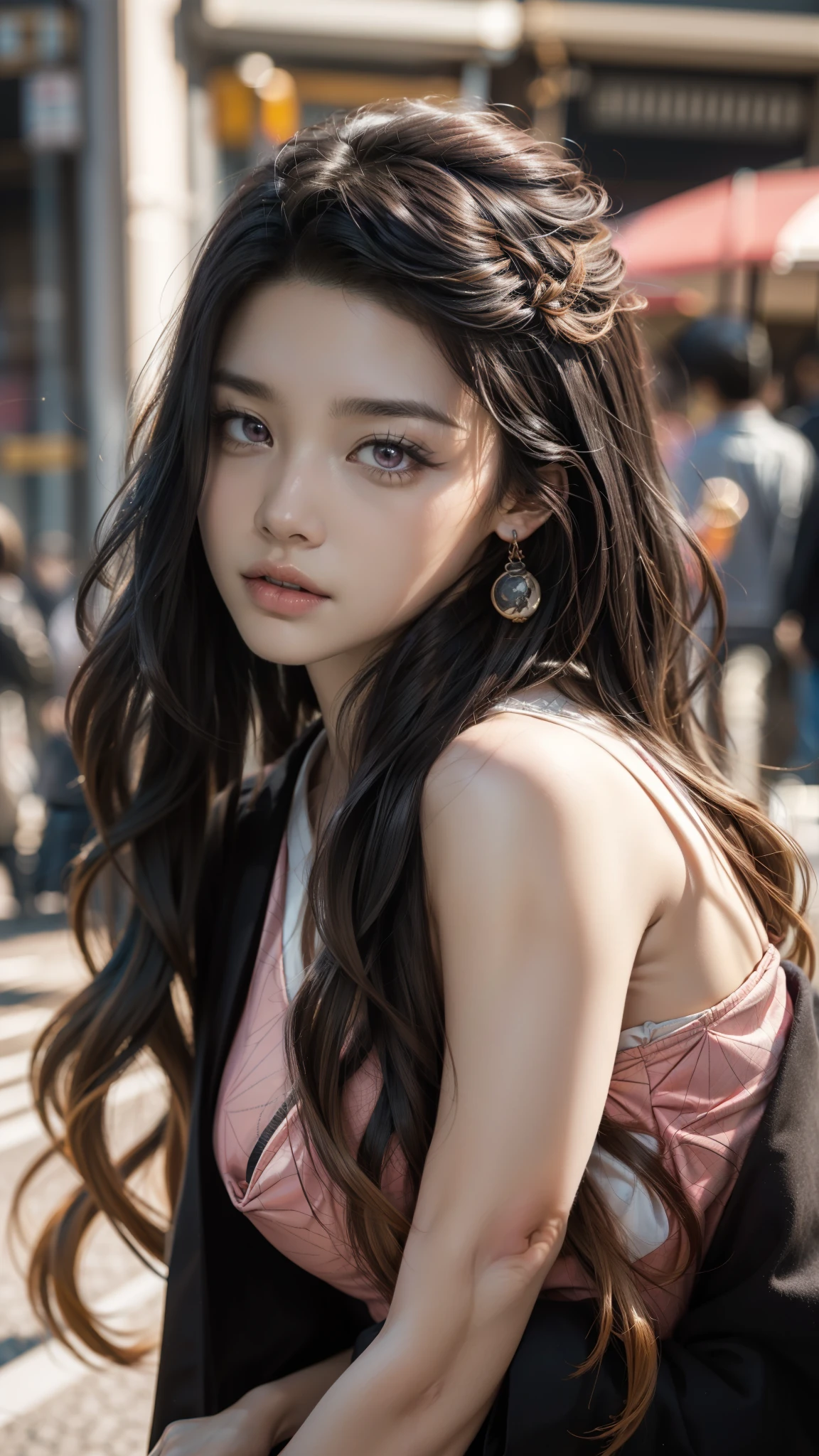 Cute Japanese woman, (), (Very cute face: 1.3), White moisturized skin,
BREAK,
Fighter, Kung Fu fighter, Idol,
BREAK,
(Wearing cute kimono: 1.3), (Very revealing kimono), Very large earrings, Short length,
BREAK,
(Long hair), (Bangs: 1.2), (Black hair), (Wavy hair), (Gradient pink hair: 1.3), (Red tips),
BREAK,
(Realistic: 1.3), Masterpiece, Perfect lighting, (Ultra high resolution), (8K), (Very detailed: 1.4), (From the front), Looking at the camera, Melancholic expression, (Full body),
BREAK,
(Japanese city streets: 1.2), Tokyo Tower in Japan background,
BREAK,
(Demon Slayer: 1.4),
BREAK,
(Hellfire: 1.2), Demon, (Flame: 1.2)