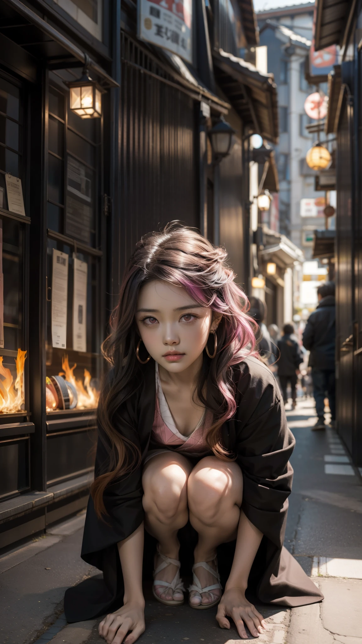 Cute Japanese woman, (16 years old), (Very cute face: 1.3), White moisturized skin,
BREAK,
Fighter, Kung Fu fighter, Idol,
BREAK,
(Wearing cute kimono: 1.3), (Very revealing kimono), Very large earrings, Short length,
BREAK,
(Long hair), (Bangs: 1.2), (Black hair), (Wavy hair), (Gradient pink hair: 1.3), (Red tips),
BREAK,
(Realistic: 1.3), Masterpiece, Perfect lighting, (Ultra high resolution), (8K), (Very detailed: 1.4), (From the front), Looking at the camera, Melancholic expression, (Full body),
BREAK,
(Japanese city streets: 1.2), Tokyo Tower in Japan background,
BREAK,
(Demon Slayer: 1.4),
BREAK,
(Hellfire: 1.2), Demon, (Flame: 1.2)